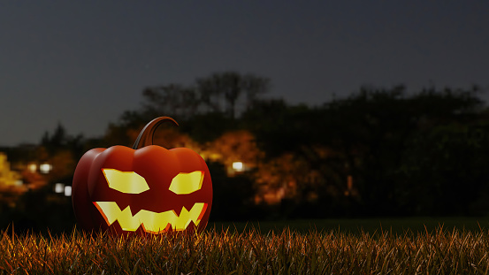 Jack O lanterns Halloween pumpkin scary face with orange light on dark 3D rendering with copy space