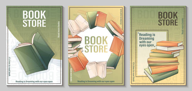 서점, 서점, 도서관에 대한 포스터 배경의 벡터 세트. - bookstore book stack backgrounds stock illustrations