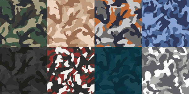 Vector Camo Seamless Texture Set. Military Camouflage Collection. Repeats Seamless Army, Hunting Green, Brown, Blue, Black, White Pattern Vector Camo Seamless Texture Set. Military Camouflage Collection. Repeats Seamless Army, Hunting Green, Brown, Blue, Black, White Pattern. red camouflage pattern stock illustrations