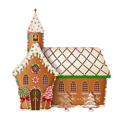 christmas gingerbread church with candies and cookies