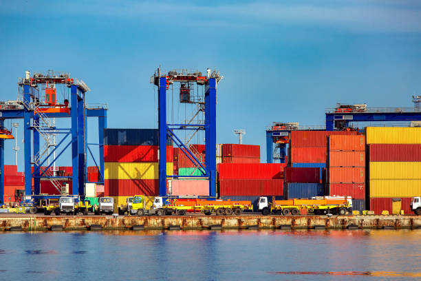 long trucks in container depot in import and export area at port near sea port on warehouse colorful marine containers with gantry container cranes for loading freight to vehicle, nobody. camiones largos en depósito de contenedores en el área de importación y exportación en el puerto cerca del puerto marítimo en el almacén coloridos contenedores marinos con grúas de contenedores pórtico para cargar carga a vehículo, nadie.