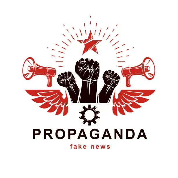 Vector illustration of Vector leaflet created using clenched fists raised up, megaphone equipment and engineering cog wheel element. Dictatorship and manipulation theme, totalitarianism as the evil power.