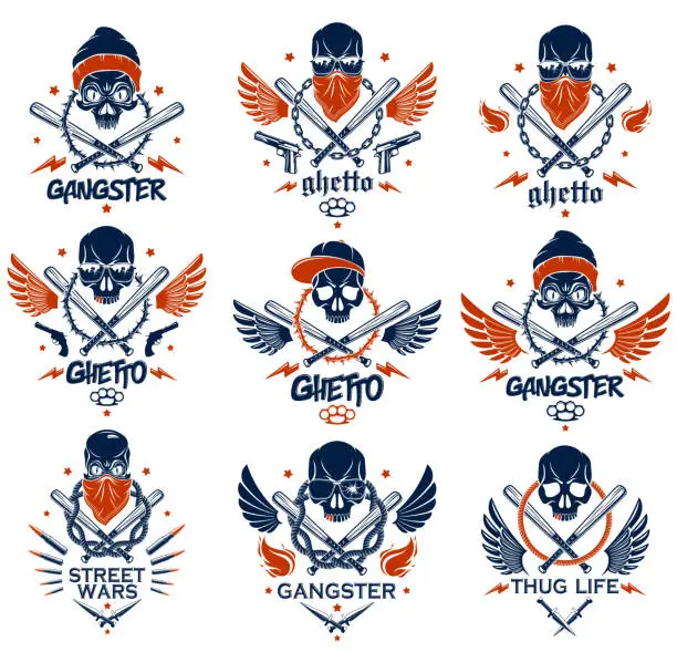 Vector illustration of Gangster emblem logo or tattoo with aggressive skull baseball bats and other weapons and design elements, vector set, criminal ghetto vintage style, gangster anarchy or mafia theme.