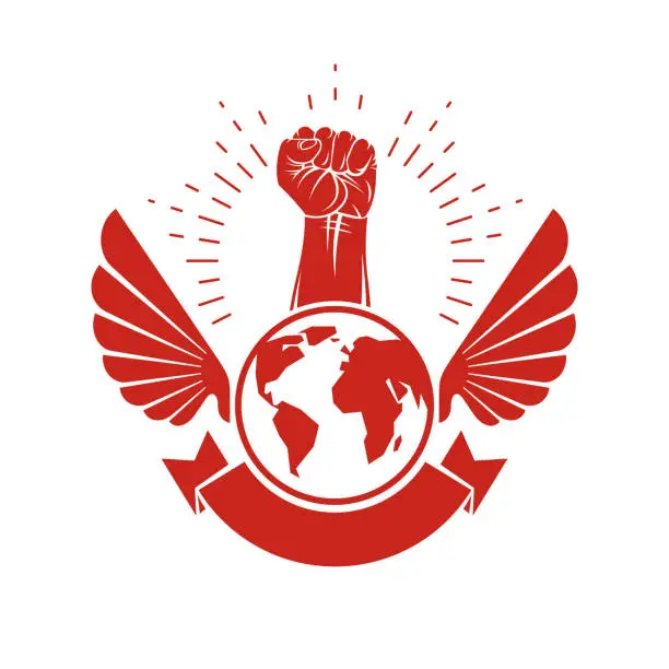 Vector illustration of Vector illustration composed with bird wings, raised clenched fist and Earth globe. Revolution leader, nonconformist concept.