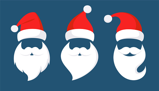 Cartoon Santa Claus Hats, Moustache and Beards. Isolated on Background