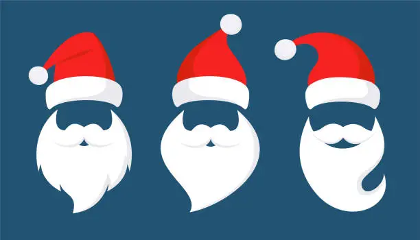 Vector illustration of Santa Claus Hats, Moustache and Beards. Christmas Elements Set. Vector Isolated Stock Illustration