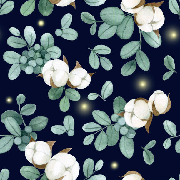 aquarellzeichnung. nahtloses muster mit eukalyptusblättern und baumwollblüten auf dunklem hintergrund - cotton flower textile textile industry stock-grafiken, -clipart, -cartoons und -symbole