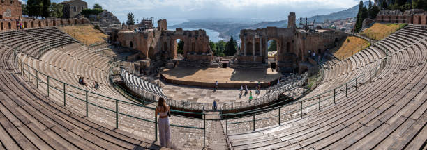 Extra wide angle view of the famous Greek theater of Taormina stock photo