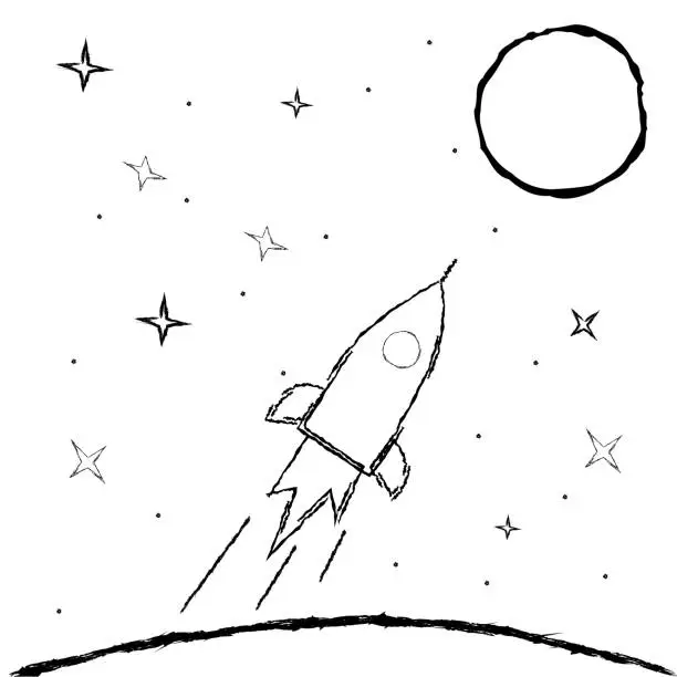 Vector illustration of Outline space rocket from the earth flies to the moon among the stars in sketch style, isolated on white. Vector.