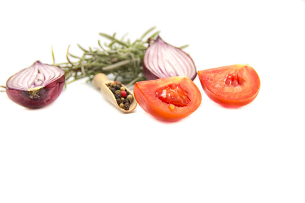 Fresh vegetables on white background - tomato, pepper, onion