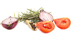 Ingredients: Tomatoes, Onions, Rosemary and Pepper Isolated on White Background