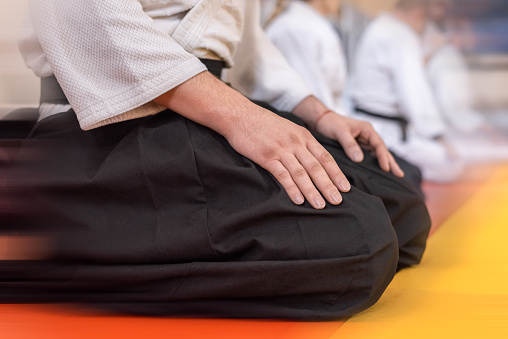 Martial arts lifestyle. A man wearing traditional aikido or karate clothing, white kimano and black hakame.