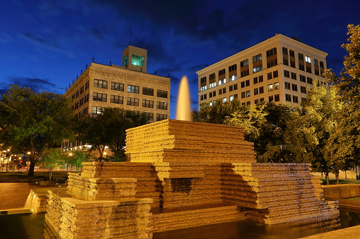 fountain and sky line on square in Springfield Missouri