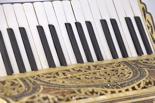 Picture of an antique Piano with keys.