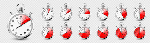 istock Realistic classic stopwatch icons. Shiny metal chronometer, time counter with dial. Red countdown timer showing minutes and seconds. Time measurement for sport, start and finish. Vector illustration 1432619242