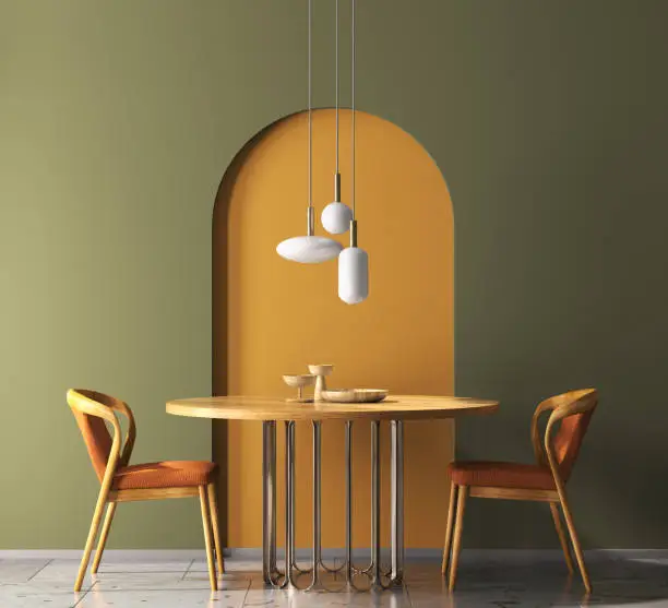 Photo of Interior design with wooden round table and chairs. Modern dining room with green and orange wall. Cafe, bar or restaurant interior design. Home interior. 3d rendering