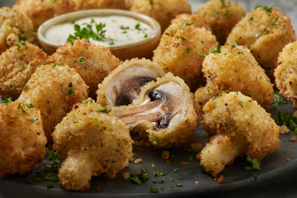 Breaded Mushrooms  with Creamy Ranch Dip stock photo