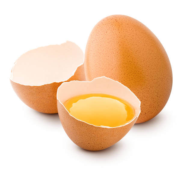 닭 계란, 흰색 배경에 고립, 클리핑 경로, 필드의 전체 깊이 - nobody brown yellow spotted 뉴스 사진 이미지