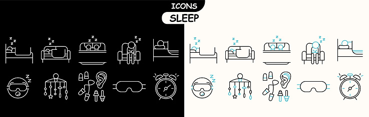 set of outline and simple sleep icons. icons for web browser. icons: earplugs, head on pillow, sleepy face and others.