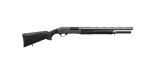 istock Pump-action 12 gauge shotgun isolated on a white background. A smooth-bore weapon with a plastic stock. 1432634440