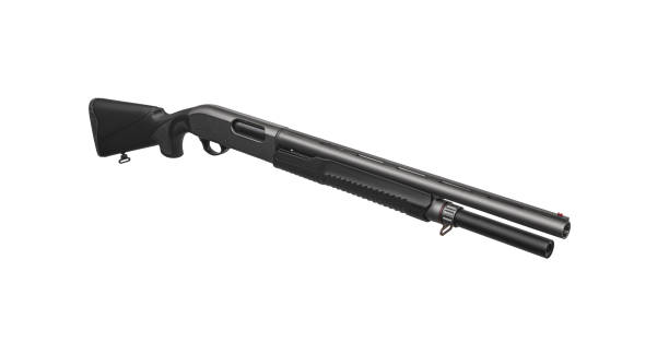 istock Pump-action 12 gauge shotgun isolated on a white background. A smooth-bore weapon with a plastic stock. 1432634446