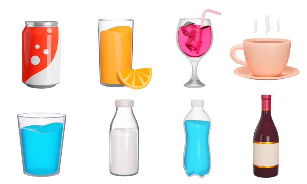 getränke 3d-symbol-set. getränke. soda, saft, alkohol, wasser, milch usw. verschiedene gefäße mit flüssigkeit. dose, flasche, tasse, glas. vektorillustration. isolierte symbole, objekte auf transparentem hintergrund - cocktail orange cup juice stock-grafiken, -clipart, -cartoons und -symbole