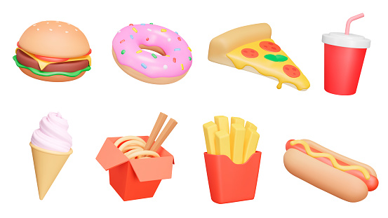 Fast Food 3d icon set. Fast-food restaurants menu. Burger, hot dog, wok noodles, pizza, doughnut, french fries, soda, ice cream. Isolated icons, objects on a transparent background