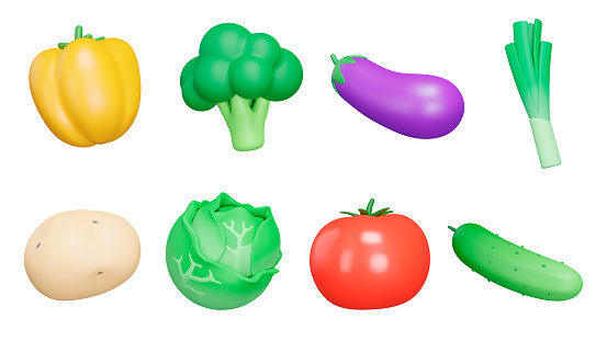 Vegetables 3d icon set. Bell pepper, broccoli, eggplant, leeks, potatoes, cabbage, tomato, cucumber. Isolated icons, objects on a transparent background