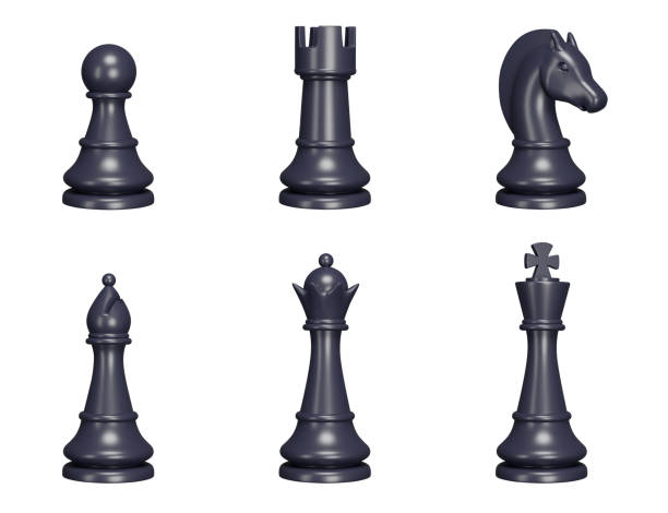 Chess pieces 3d set. Black Color. Pawn, king, queen, rook, knight, bishop. vector illustration. Isolated objects on a transparent background Chess pieces 3d set. Black Color. Pawn, king, queen, rook, knight, bishop. Isolated objects on a transparent background chess piece stock illustrations
