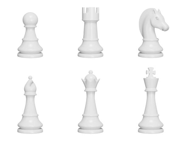 Chess pieces 3d set. White Color. Pawn, king, queen, rook, knight, bishop. vector illustration. Isolated objects on a transparent background Chess pieces 3d set. White Color. Pawn, king, queen, rook, knight, bishop. Isolated objects on a transparent background three dimensional chess stock illustrations