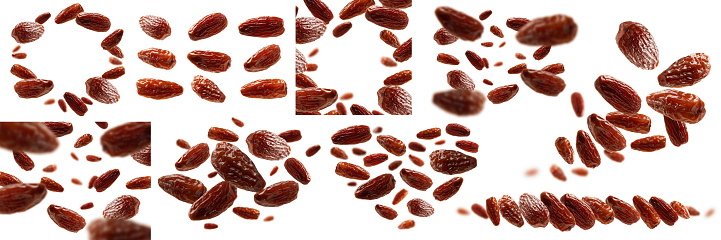 A set of photos. Dried dates levitate on a white background.