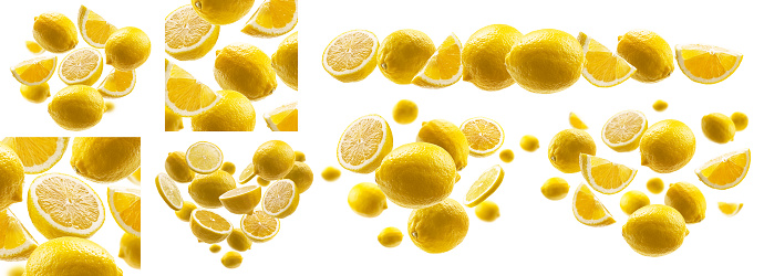 A set of photos. Yellow lemons levitate on a white background.