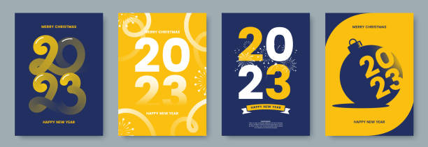 frohes neues jahr 2023 grußkartensammlung. postervorlage mit minimalistischen grafiken und typografie. kreatives konzept für banner, flyer, branding, cover, social media. vektorillustration. - neujahr stock-grafiken, -clipart, -cartoons und -symbole