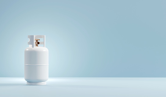 White gas tank cylinder isolated on blue background 3d rendering