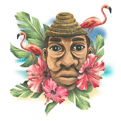 Clay mask in the form of a black man in palm leaves and hibiscus flowers, pink flamingos. Watercolor illustration. Composition of a large set of CUBA. For the decoration and design of tourism, beach