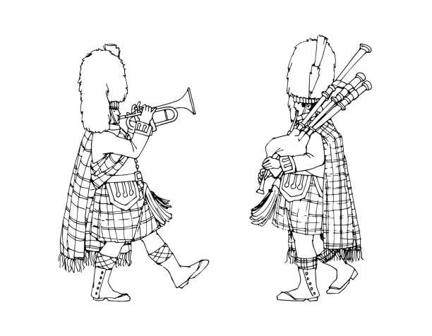 illustrazioni stock, clip art, cartoni animati e icone di tendenza di un pifferaio scozzese e trombettista in cappelli d'orso. banda militare festiva. in inchiostro nero. - marching band trumpet bugle marching