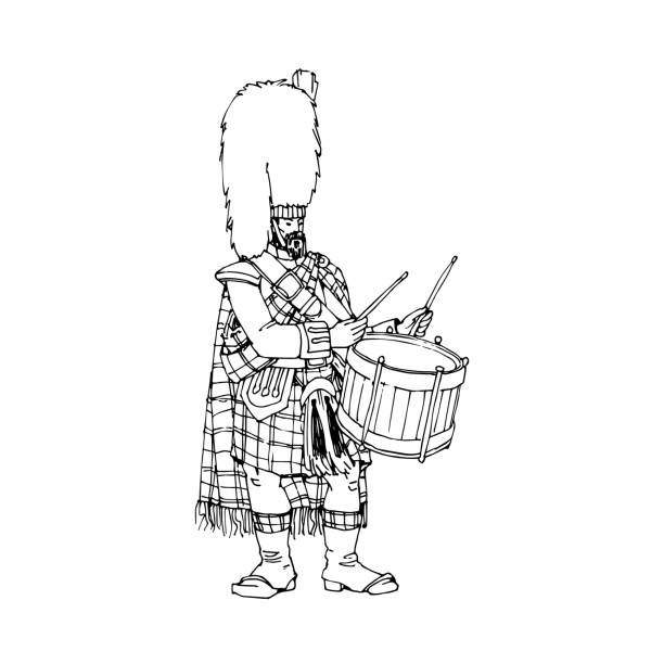 A Scottish drummer in a bearskin hat. Festive military band. In black ink. A Scottish drummer in a bearskin hat. Festive military band. Vector illustration with black contour lines isolated on a white background in a cartoon and hand drawn style. tartan army stock illustrations