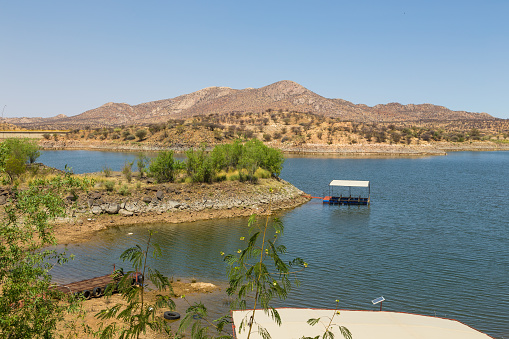 View of the Lake Oanob, an idyllic holiday resort with a lake and a dam near Rehoboth in the Kalahari desert.