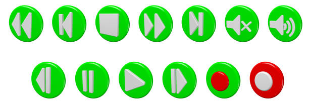 3D image. Round buttons with icons for the player: stop, pause, play and others