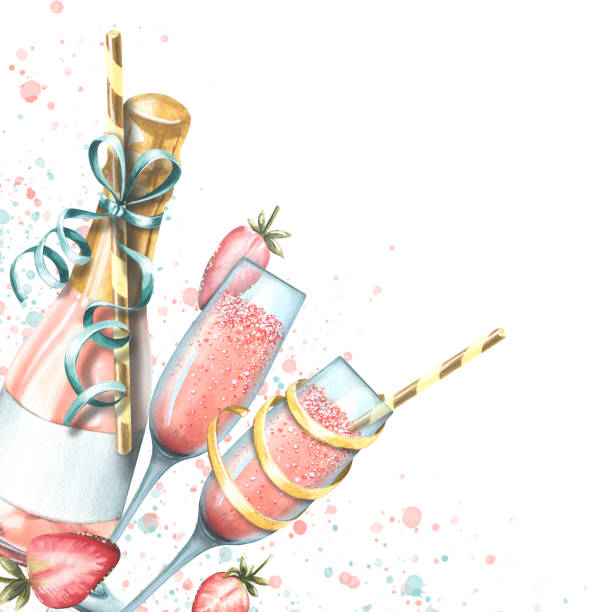 illustrations, cliparts, dessins animés et icônes de champagne rose avec des fraises dans une bouteille et des verres. illustration à l’aquarelle. une forme pour la décoration et le design à partir d’un grand ensemble de joyeux anniversaire. pour les cartes de vœux, bannières, invitations - pink champagne