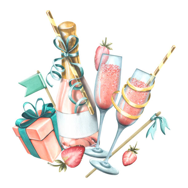 rosa champagnerflasche mit gläsern, erdbeeren, geschenkbox und fahnen. aquarell-illustration. eine festliche komposition aus einem großen set von happy birthday. für dekoration und design. - champagne pink strawberry champaigne stock-grafiken, -clipart, -cartoons und -symbole