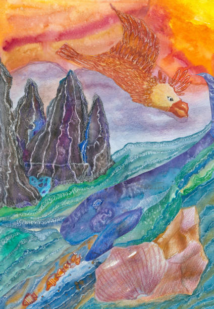istock metaphorical illustration . sea creature , bird , sea , mountains . mixed media . the picture is hand - drawn . 1432644134
