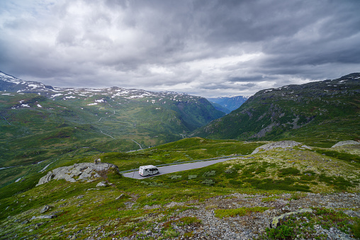 Skjolden, Norway - July 4, 2022: beautiful view from the Oscarshaug viewpoint along national scenic route R55 through Sognefjellet area.