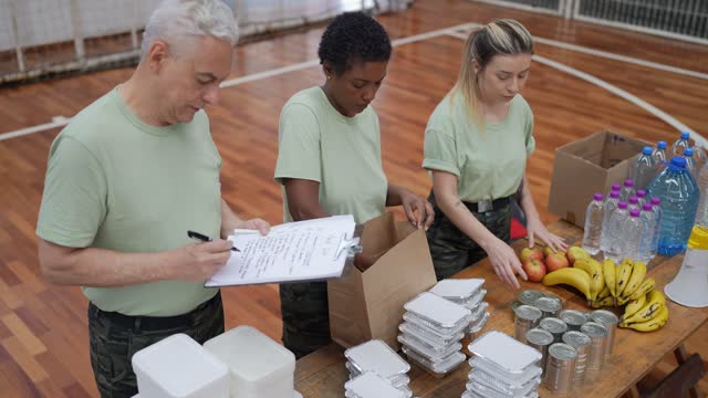 Soldiers organizing donations at a gymnasium