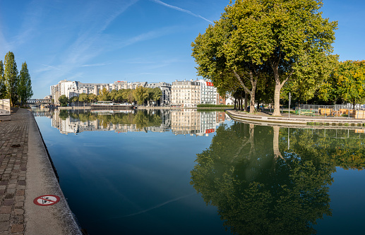 La Villette Park. View of the Canal of the Basin of the villette with reflects