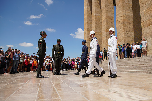 ANKARA, TURKIYE - JULY 14, 2022: Soldiers march for changing of the guard ceremony in Anitkabir where is the mausoleum of Ataturk, the founder and first President of the Republic of Turkiye.