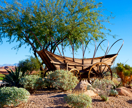 Rustic wagon in desert setting with blue sky in background