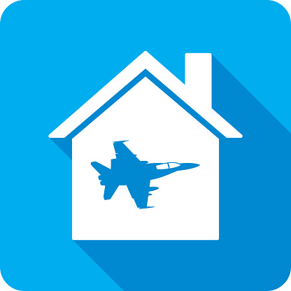 Vector illustration of a house with jet icon against a blue background in flat style.