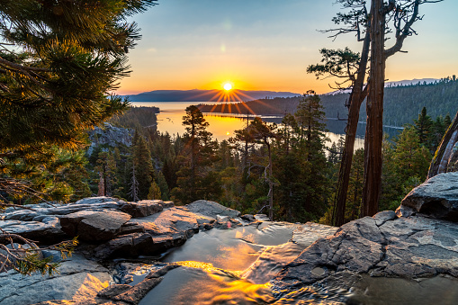 A sunrise view of Emerald Bay Lake Tahoe California from the vantage point of Eagle Falls.