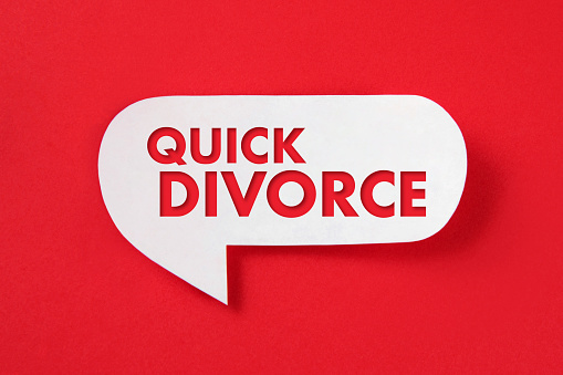 Quick divorce text on speech bubble over red background